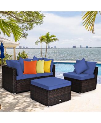 4PCS Patio Rattan Wicker Furniture Set Cushioned Sofa Ottoman Garden Deck