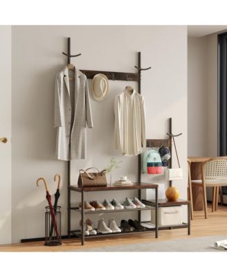 Coat Rack with Shoe Storage Bench with High and Low Seat Design and 6 Hooks for Entryway, Hallways