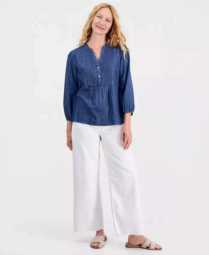 Women's Chambray Pintuck Popover Blouse - thumbnail 2