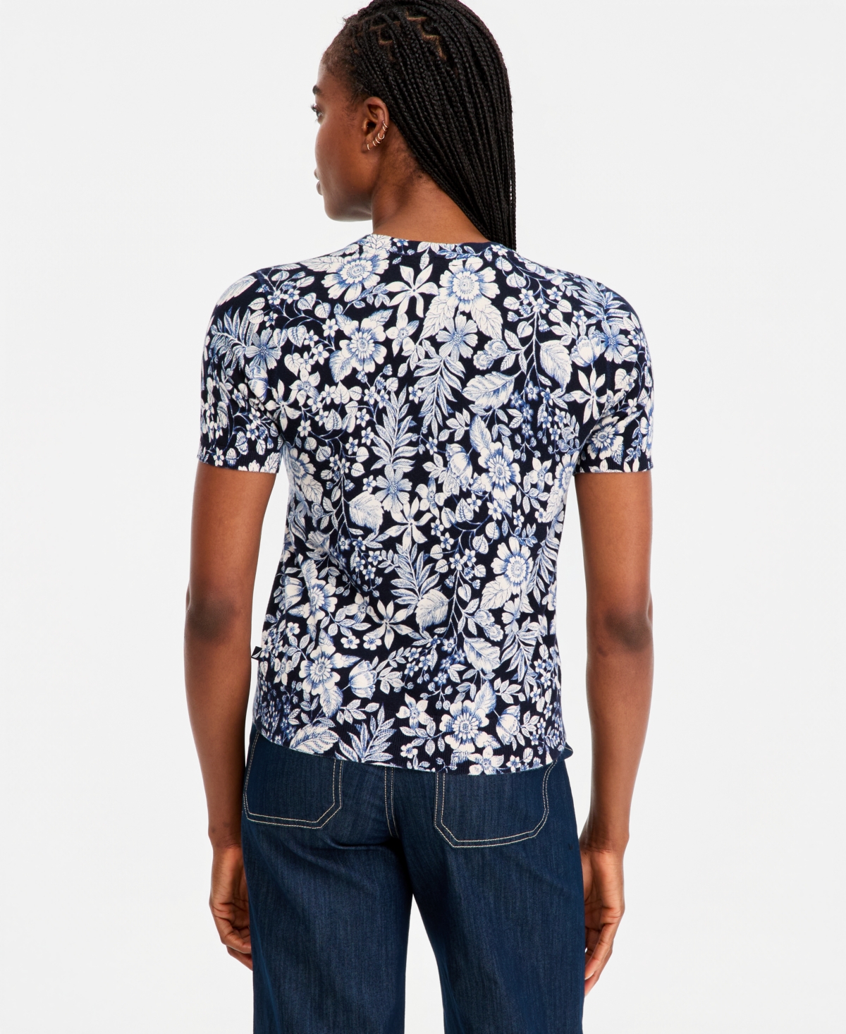 Nautica Women's Cotton Short-Sleeve Floral Sweater