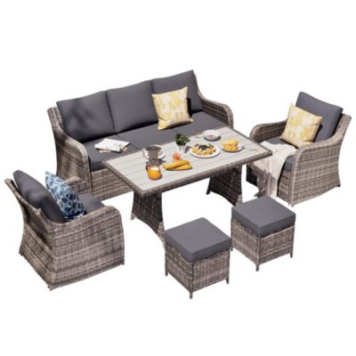 6 Piece Outdoor Wicker Patio Set Rattan Conversation Furniture Dining Table for Poolside