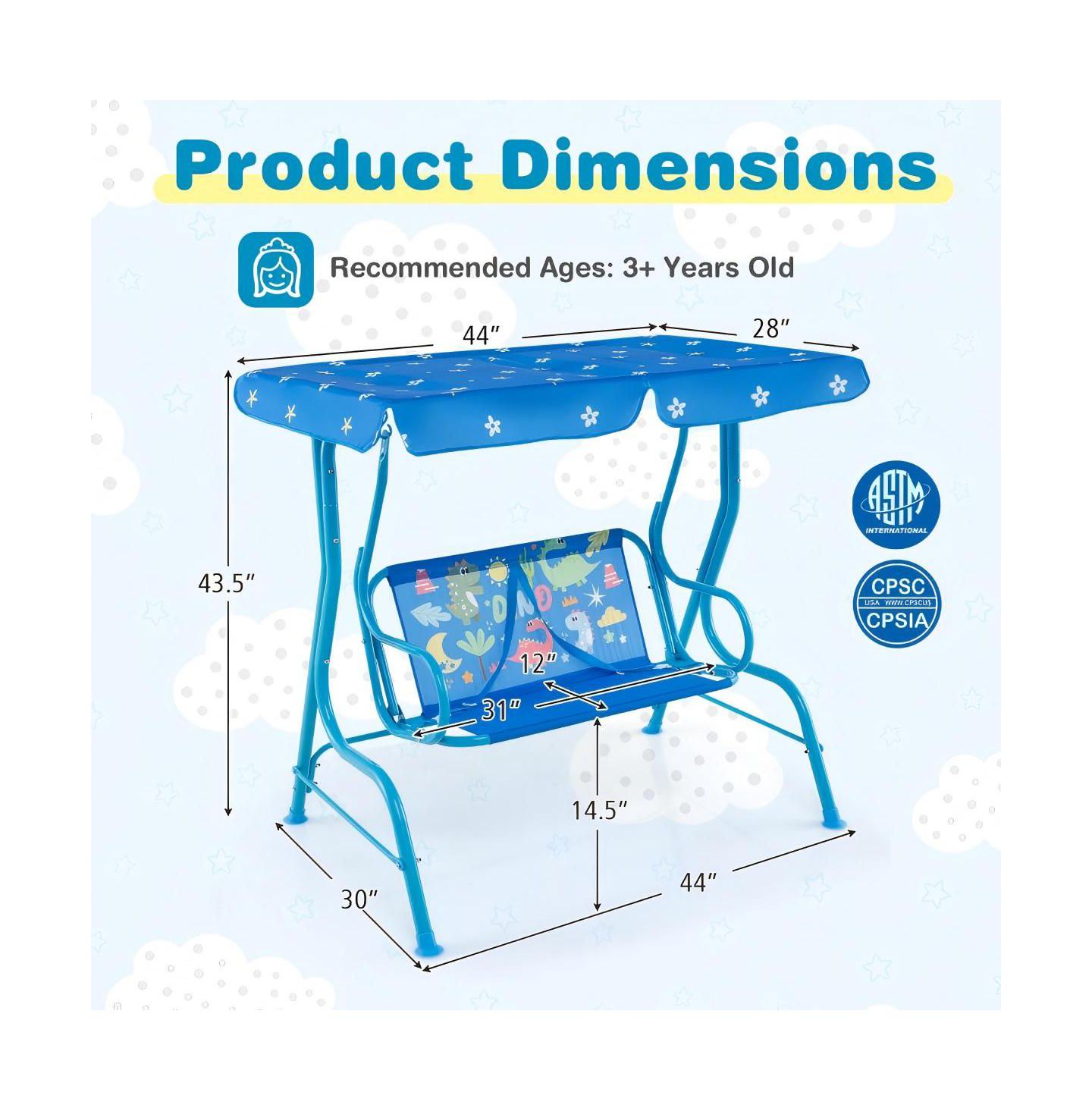 Детская игрушка HONGGE 2-Seater Kids Patio Swing with Metal Stand and Adjustable Canopy, Ages 3+, цвет: Синий — фото 3