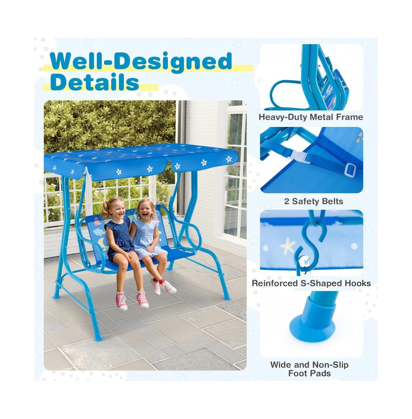 Детская игрушка HONGGE 2-Seater Kids Patio Swing with Metal Stand and Adjustable Canopy, Ages 3+, цвет: Синий — фото 9