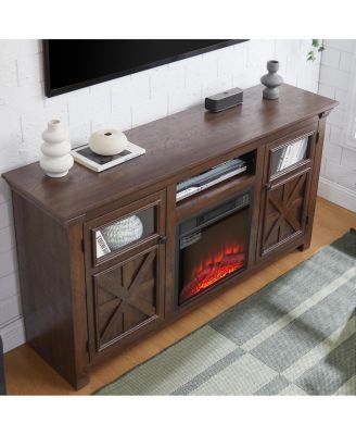 Farmhouse Barn Door TV Stand with Fireplace Insert, Espresso, 60.23"W