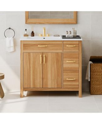 36 Inch Wood Bathroom Vanity with Ceramic Sink, Solid Wood Frame, Soft Close Storage Drawers for Small Bathrooms