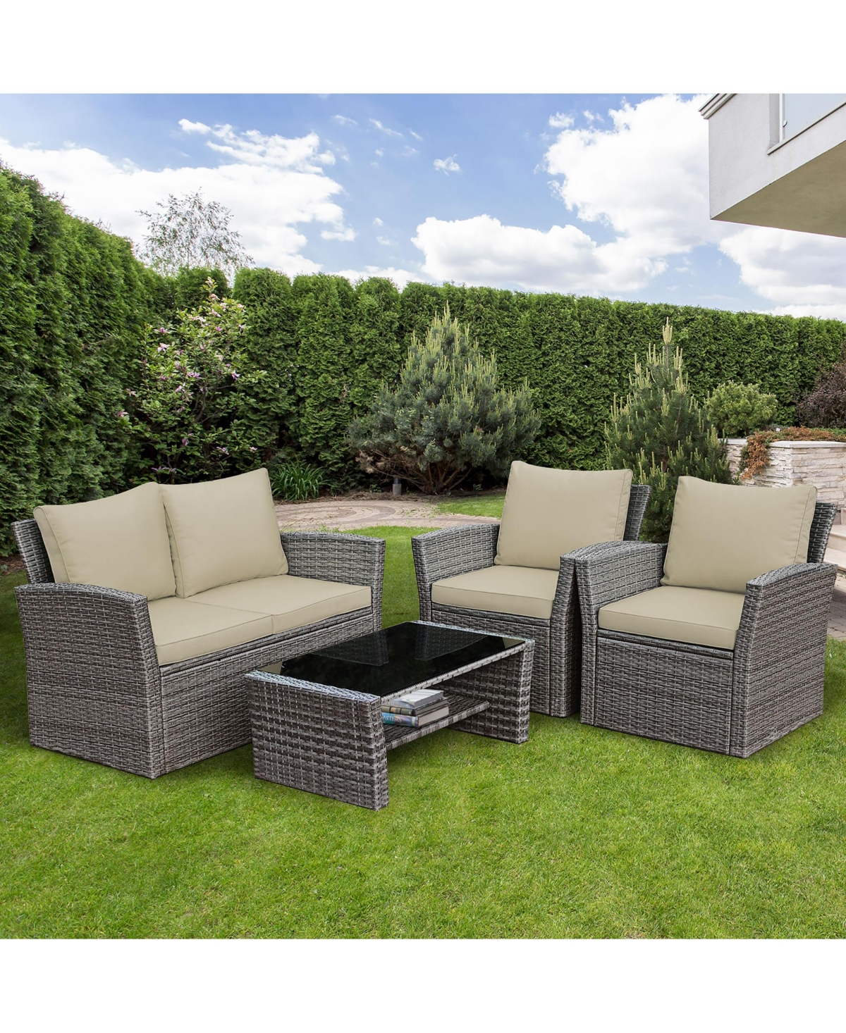 Costway 4 Pieces Patio Rattan Furniture Set with Storage Shelf Table