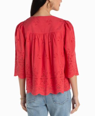 Petite V-Neck Eyelet Woven Top