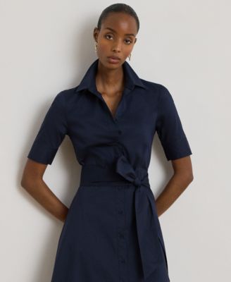 Women's Petite Belted Point Collar Shirt Dress