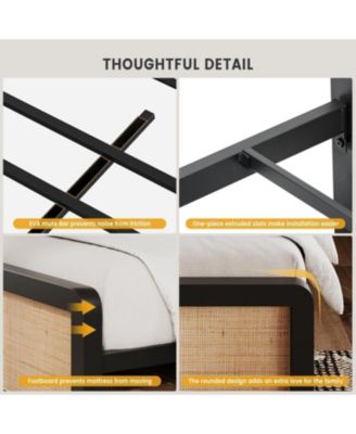 Metal Platform Bed Frame Natural Rattan Headboard, Bohemian Mattress Foundation With Strong Slats Support, No Box Spring Needed
