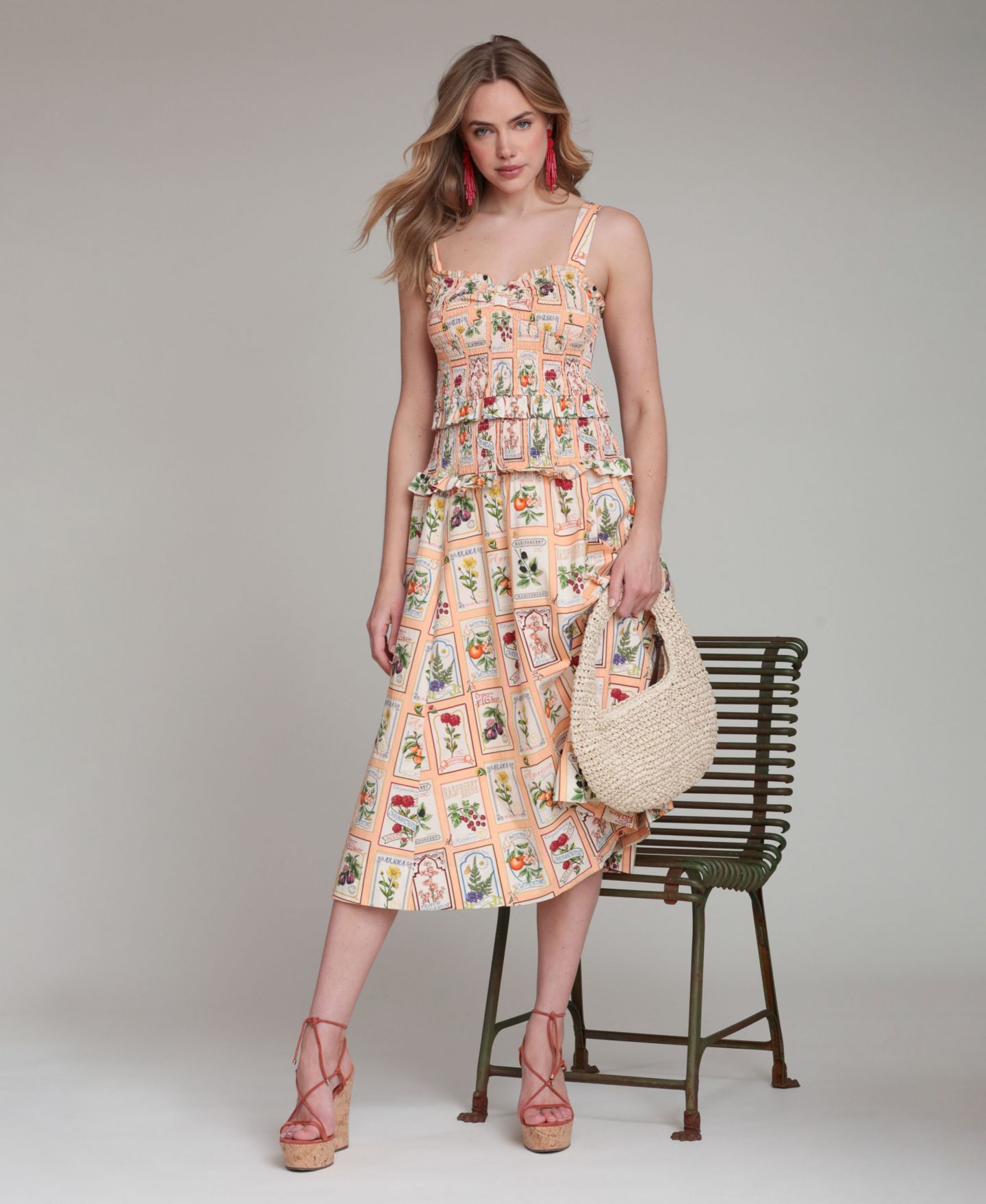 Женское платье Avec Les Filles Printed Smocked Midi, цвет: Персиковый — фото 2