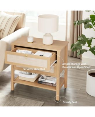 Rattan Nightstand Set of 2, Boho Nightstand with 2 Drawers and Storage Shelf