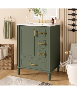 24  Bathroom Vanity with Ceramic Sink, Modern Freestanding Solid Wood MDF Cabinet, 3 Drawers Soft Close Door for Small Spaces-