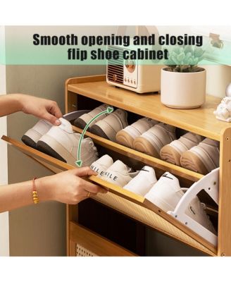 Bamboo Shoe Storage Cabinet, Freestanding Shoe Rack with 3 Rattan Flip Drawers and Coat Hooks for Entryway, Hallway, Closet, Living Room