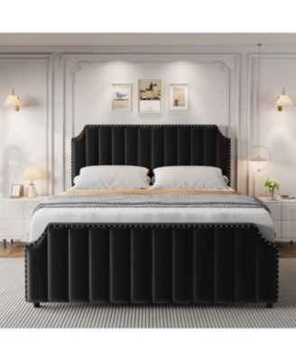 Queen Metal Platform Bed Frame Velvet Upholstery Nailhead Trim Tall Headboard Wooden Slats Noise-Free