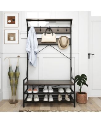 4-in-1 Hall Tree Coat Rack with 11 Hooks and Shoe Bench