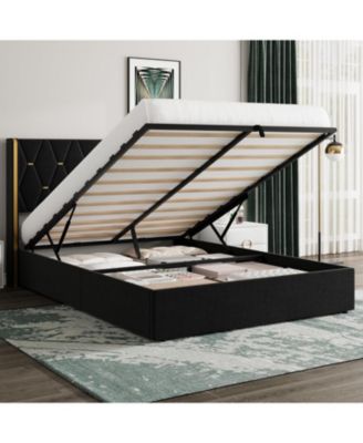 Up Storage Bed Frame with with Wingback Headboard, Velvet Upholstered Bed Frame with Diamond Tufted Design & Gold Trim