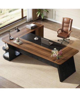 79-Inch Executive Desk, Large Office Desk with Cabinet, L-Shaped Compter Desk with Storage Shelves, Writing Table