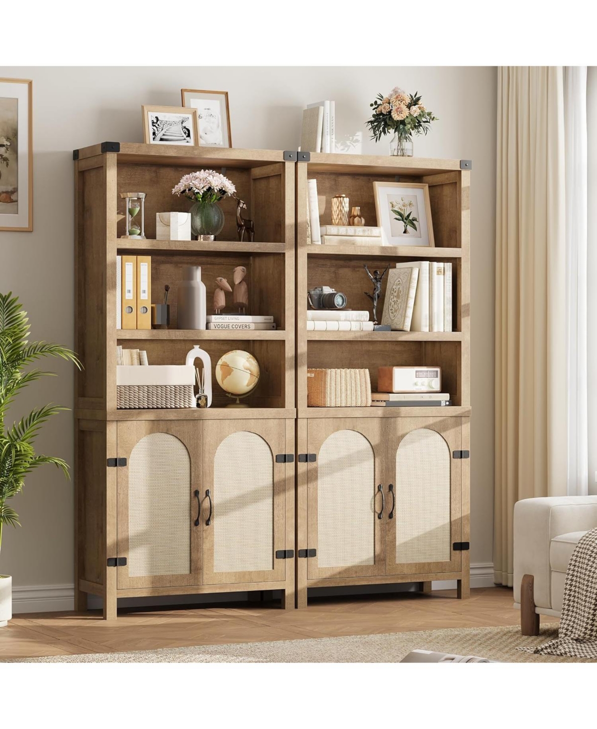 gaomon 70" Tall Farmhouse Bookshelf with Rattan Doors, 3-Tier Open Bookcase with Adjustable Shelves, Floor Standing Storage Cabinet