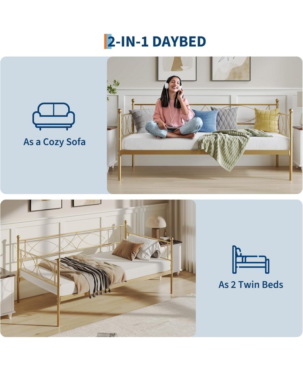 gaomon Twin Metal Daybed- Heavy Duty Metal Slats- Mattress Foundation Platform Sofa Bed for Living Room- Bedroom- Guest Room