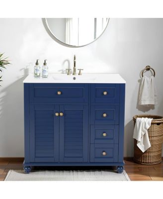 36" Bathroom Vanity with Ceramic Sink, Solid Wood Frame, Flip-Top and Drawer Storage, Adjustable Shelves