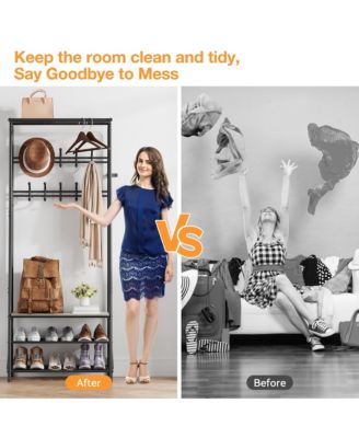 Hall Tree 4-In-1 Entryway Coat Rack with 5 Hooks and Shoe Storage Bench