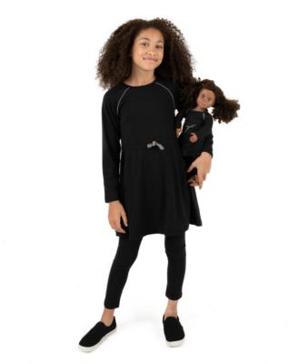 Girls Matching Girl & Doll Drawstring Cinch-Waist Long Sleeve Dress