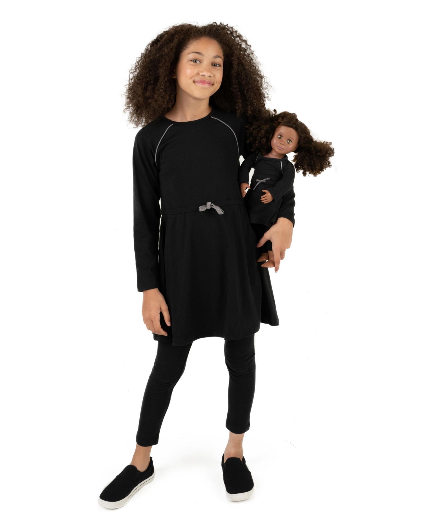 Girls Matching Girl & Doll Drawstring Cinch-Waist Long Sleeve Dress