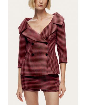 Women's Checked Portrait Collar Double-Breasted Jacket