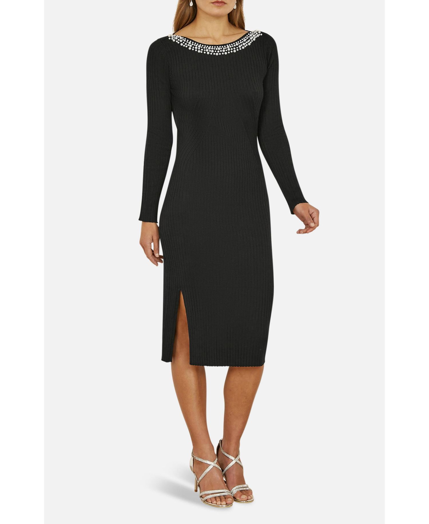 Women's Bedazzled Neck Fitted Midi Knitted Dress