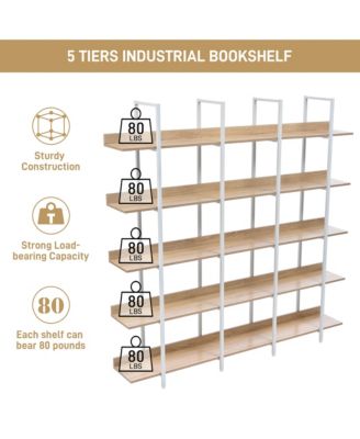 5 Tier Open Bookcase - Vintage Industrial Bookshelves with Metal Frame, MDF Board and Back Fence for Home Office