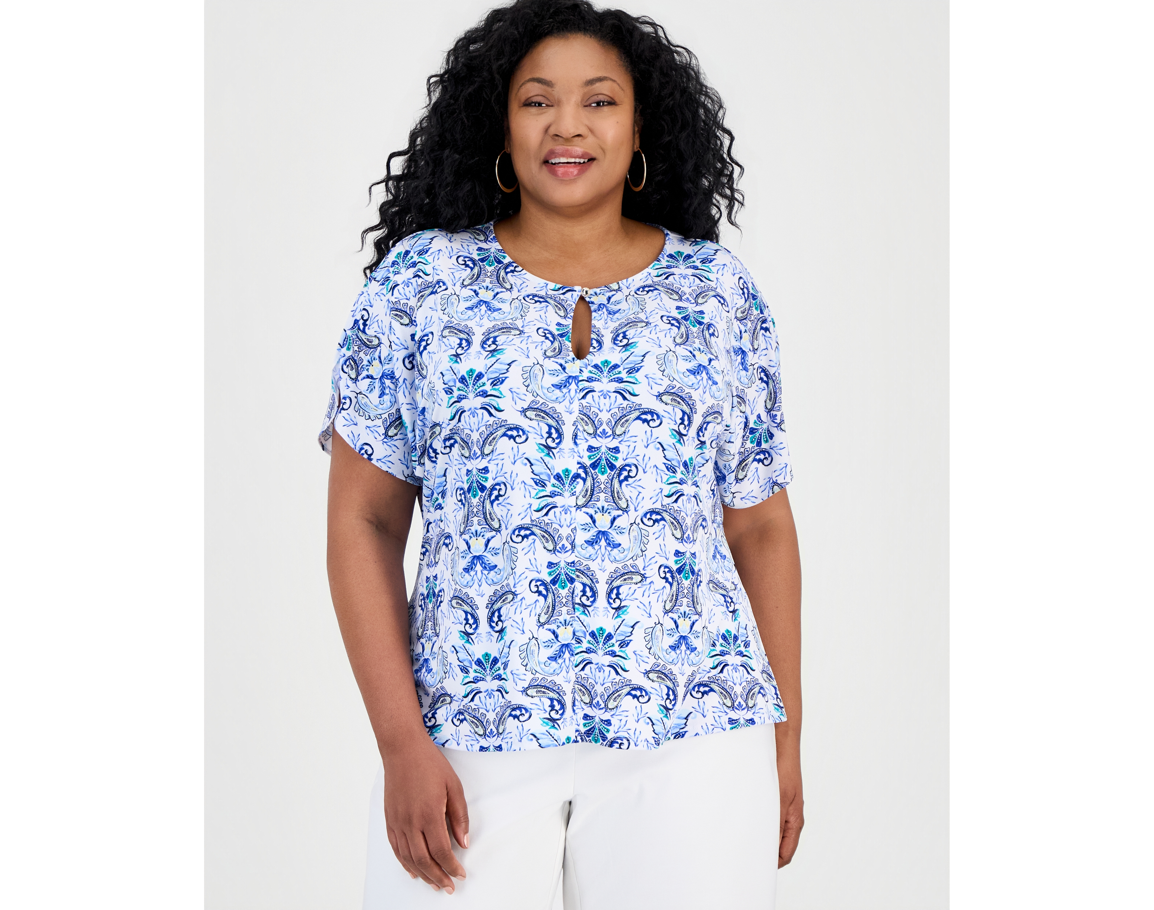 Jm Collection Plus Luca Paisley Keyhole Dolman-Sleeve Top, Macy's Exclusive