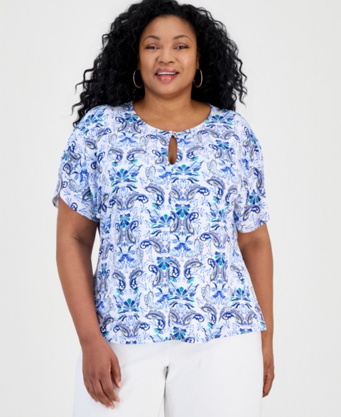 Женские JM Collection Plus Size Luca Paisley Keyhole Dolman-Sleeve Top
