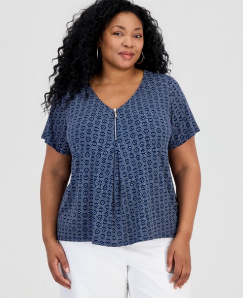 Женские JM Collection Plus Size Simple Tiles V-Neck Zipper Top