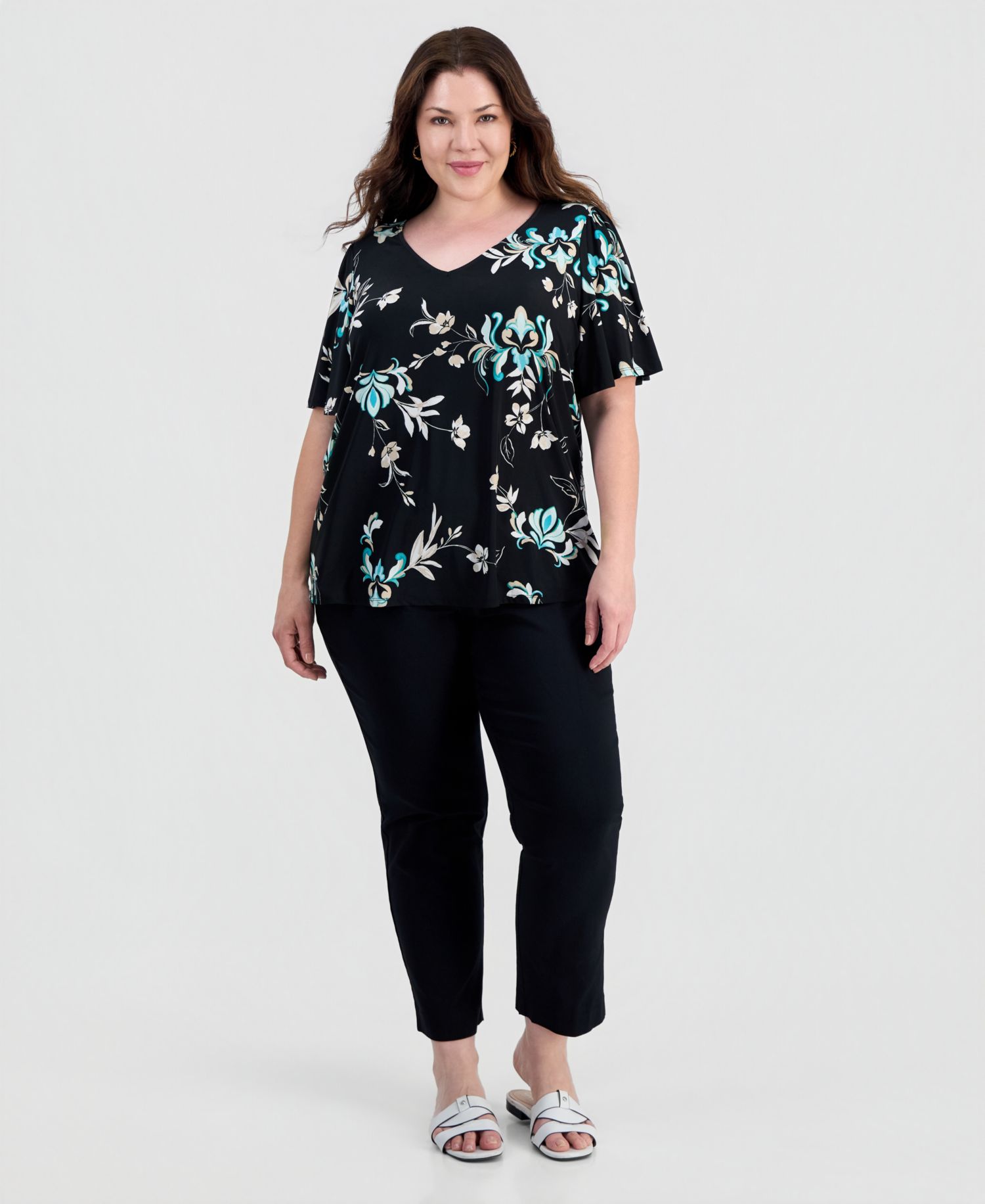 Plus Size Tossed Floral V-Neck Flutter-Sleeve Top