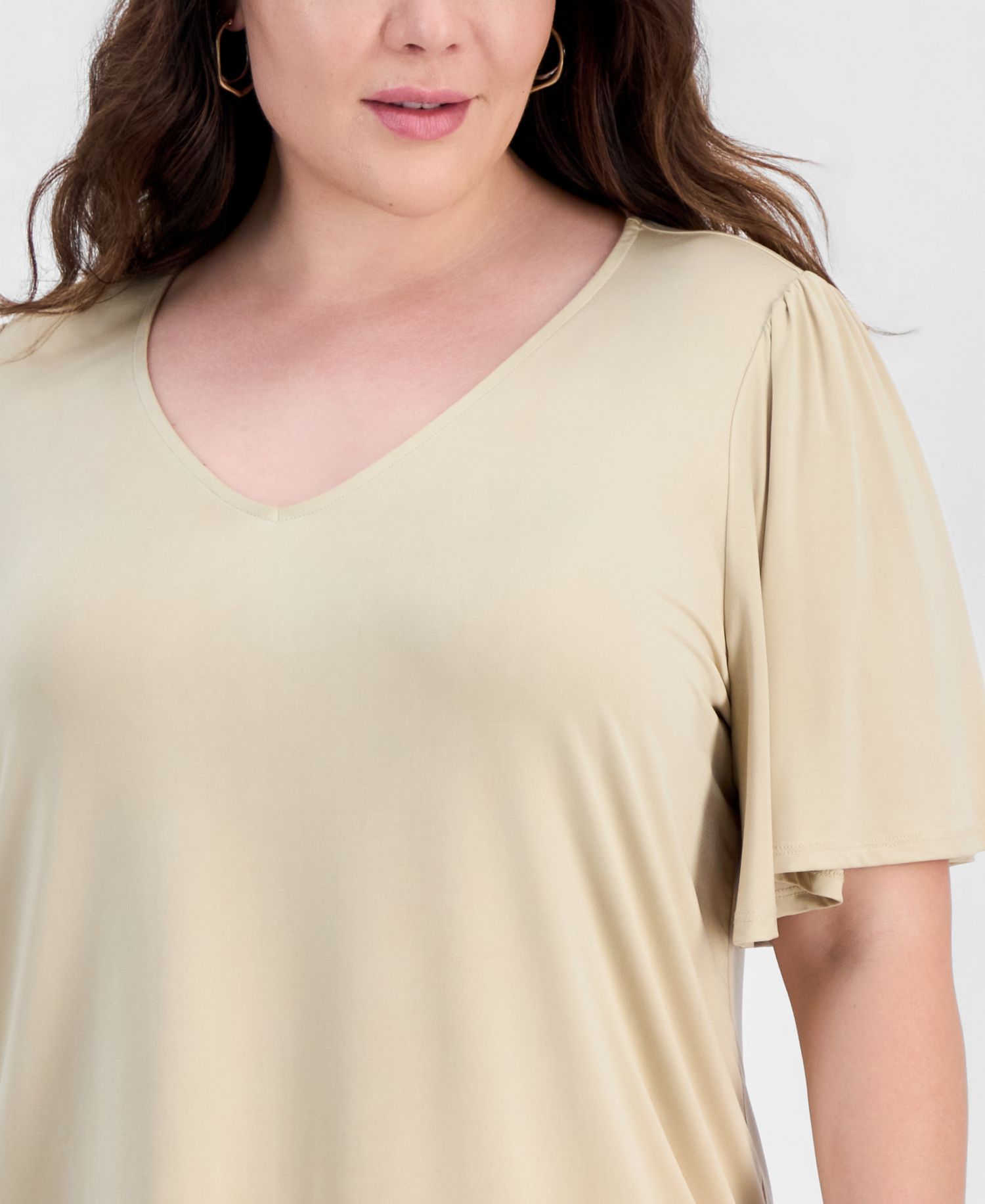 Plus Size Solid V-Neck Flutter-Sleeve Top