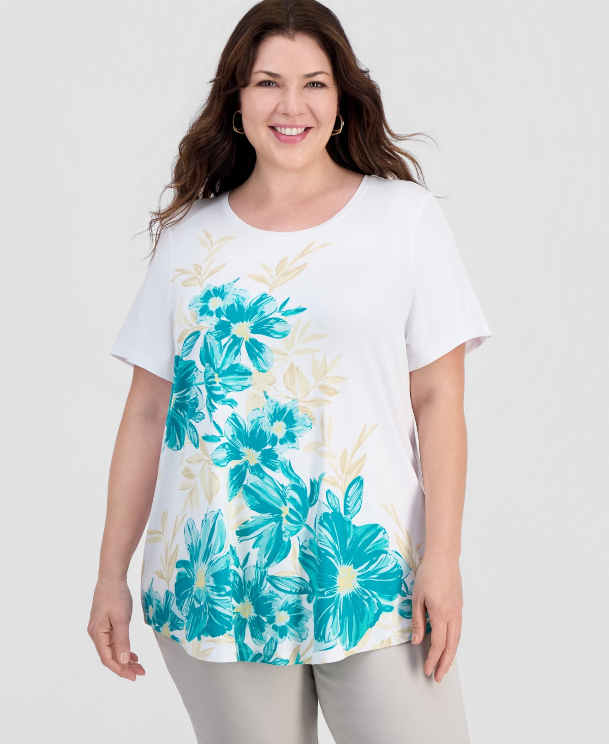 Jm Collection Plus Painted Floral Scoop-Neck Top, Macy's Exclusive