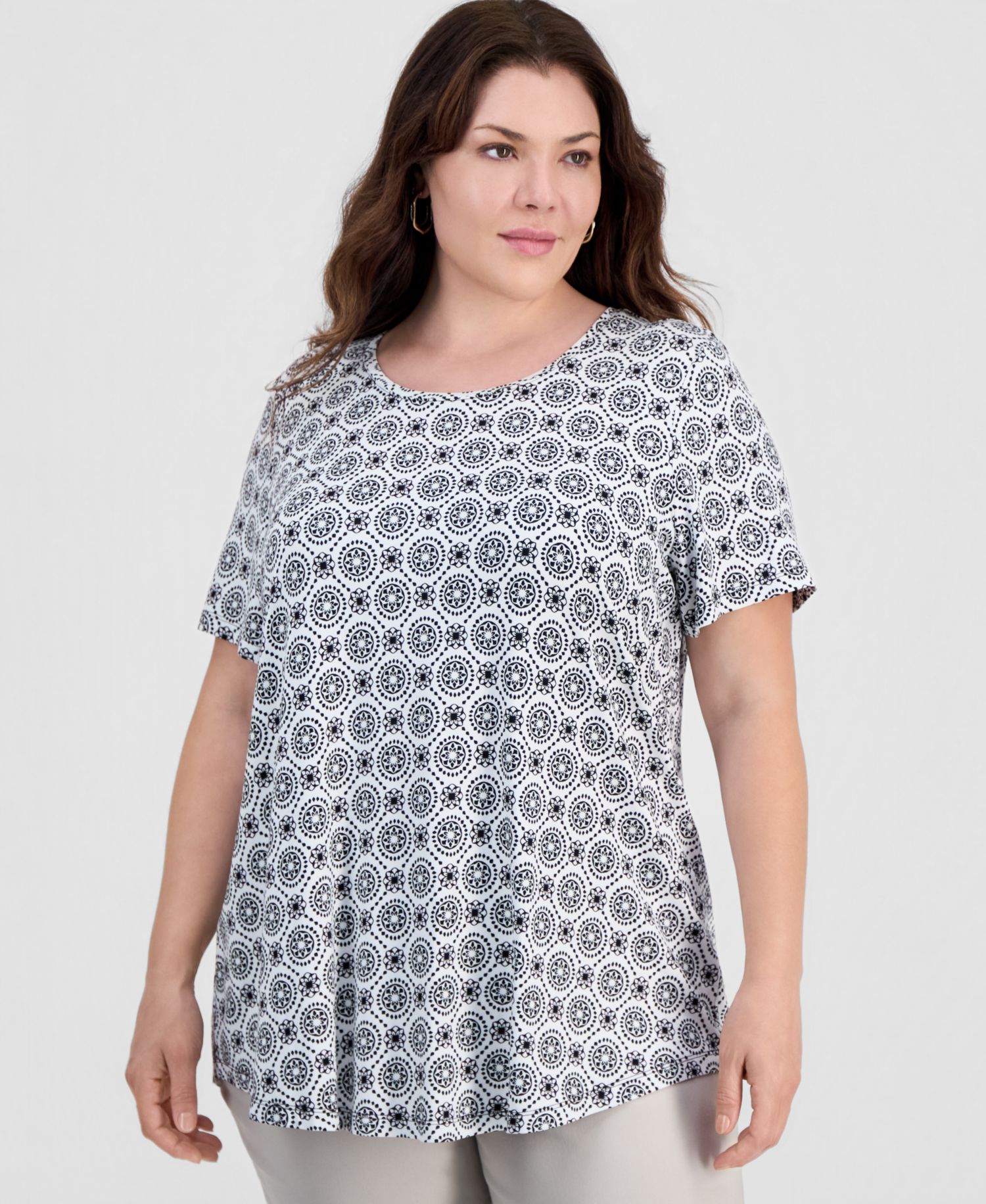 Plus Printed Scoop-Neck Short Sleeve Top