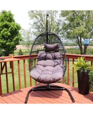Outdoor Resin Wicker Patio Julia Hanging Basket Egg Chair Swing with Cushions, Headrest, and Steel Stand Set - 3pc