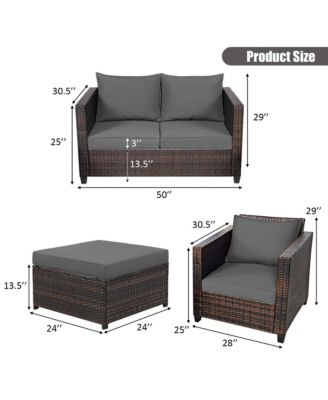 5PCS Patio Rattan Furniture Set Loveseat Sofa Ottoman Cushioned