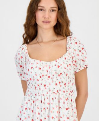 Juniors' Floral Print Eyelet Puff-Sleeve Mini Dress