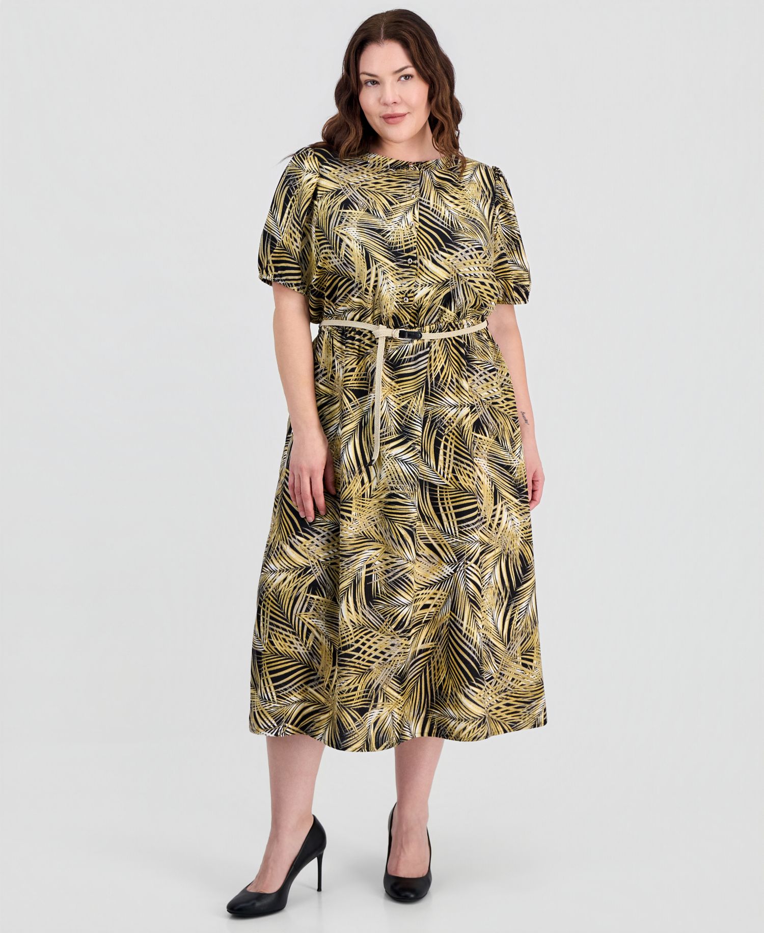 Plus Size Puffed-Sleeve Shirt-dress