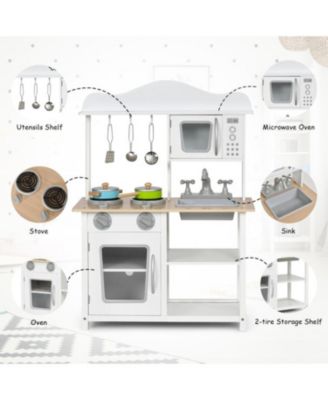 Wooden Pretend Play Kitchen Set for Kids with Accessories and Sink