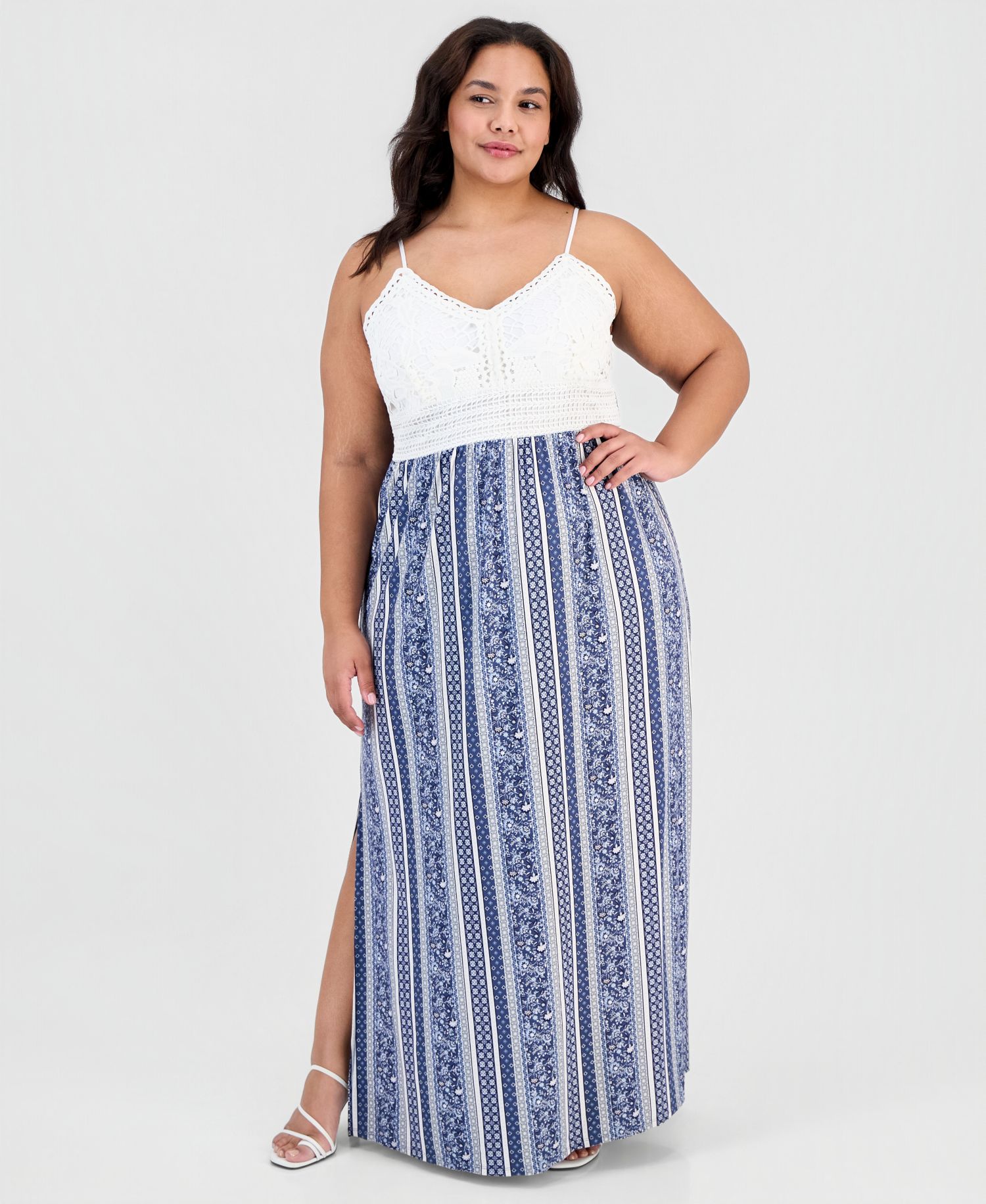 Trendy Plus Lace-Bodice Printed-Skirt Maxi Dress