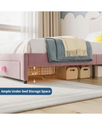 Twin Upholstered Bed Frame 2 Storage Drawers Velvet Princess Platform Double Wavy Headboard Wood Slats No Box Spring
