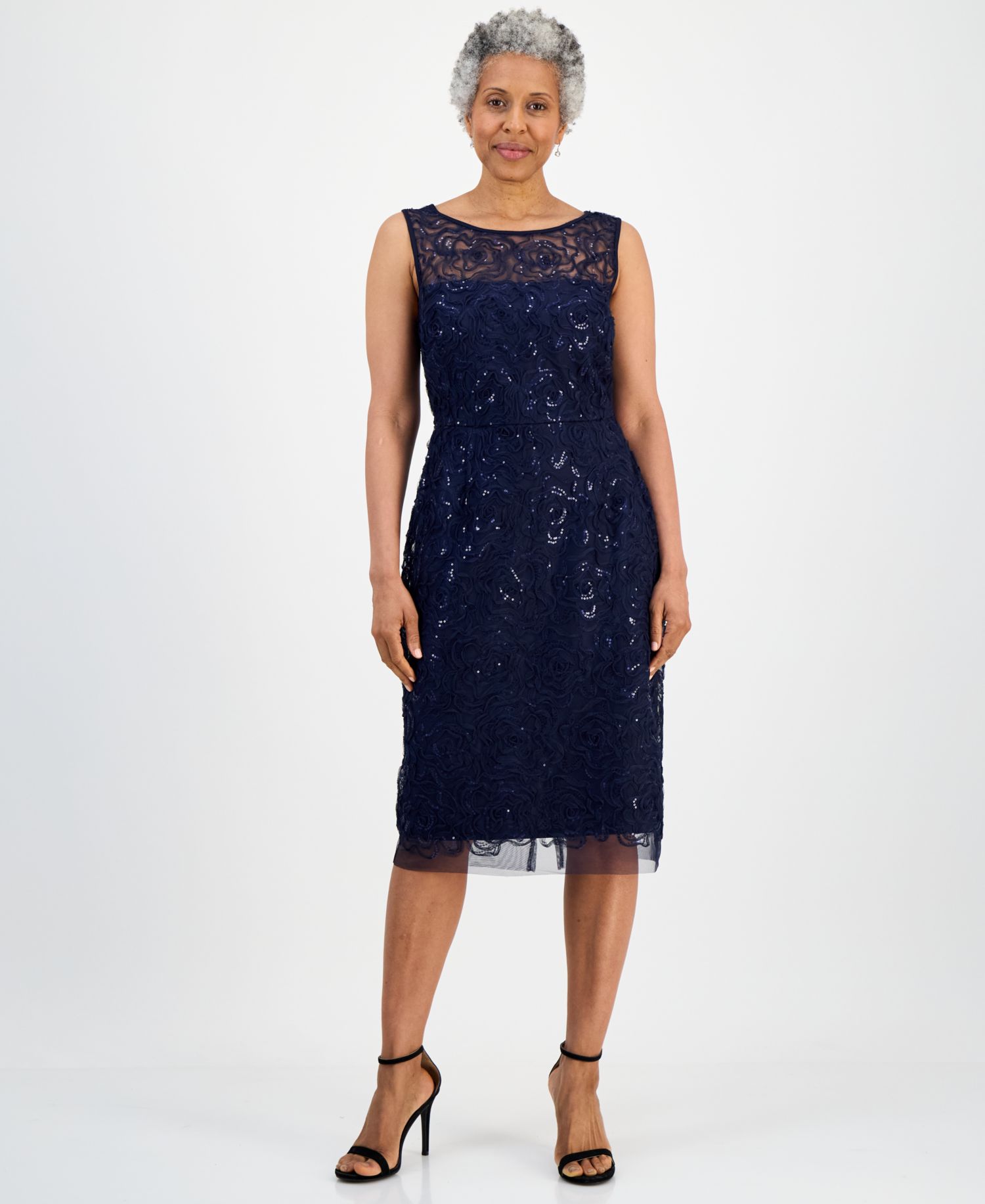 Petite Illusion Sequin-Embellsihed Cocktail Dress