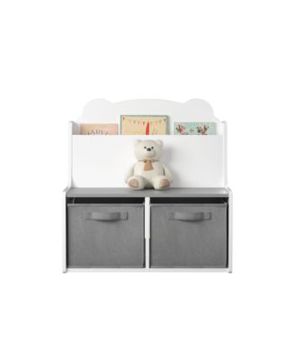 Kids Bookshelf - Wooden Bookcase with Book Display Shelf, 2 Fabric Bins and Bear-Shaped Backboard for Bedroom, Playroom
