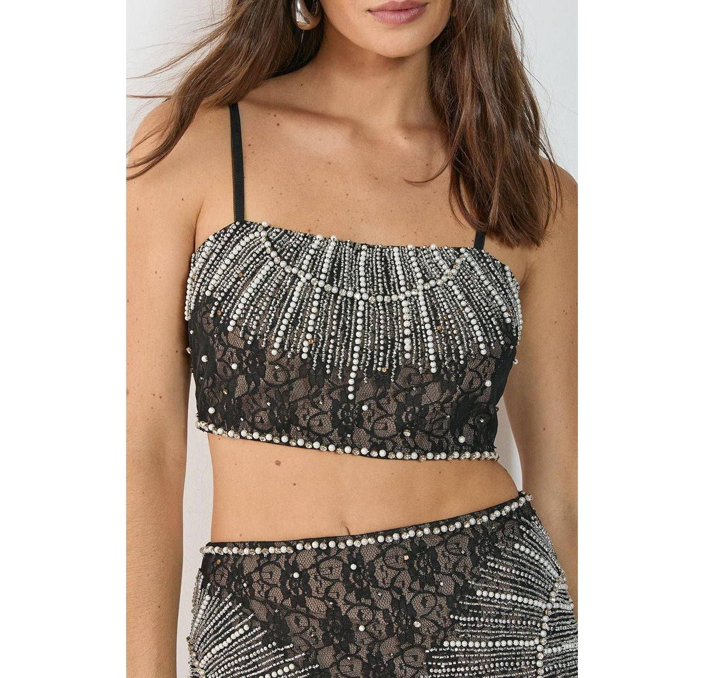Женский топ Nasty Gal Lace Strappy Sequin Crop, цвет: Чёрный — фото 4