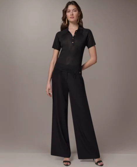 Petite Short-Sleeve Polo Sweater Top - Black