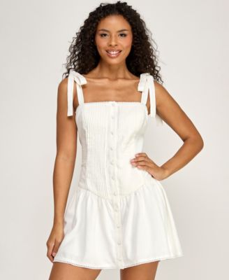 Juniors' Tie-Shoulder Square Neck Mini Dress