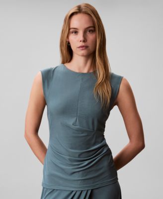 Women's Rib Ruched Crewneck Sleeveless Tank Top